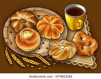 Buns and tea, wicker napkin hand drawn vector doodle illustration. Bakery objects and elements cartoon background. Funny food picture