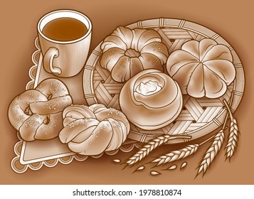 Buns and tea, wicker napkin hand drawn vector doodle illustration. Bakery objects and elements cartoon background. Funny food picture