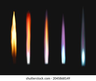 Bunsen burner fire flames. Gas and zinc, potassium, strontium and sodium chemical elements ions emission glow in laboratory flame test. Chemistry science experiment, burning flame light vector effects