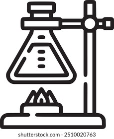 Bunsen burner with flask, representing laboratory experiments or scientific research. Bunsen burner with flask icon representing laboratory experiments, scientific research, and chemistry. EPS