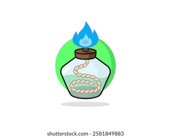 Bunsen burner icon illustration design with liquid and flame, tool for testing samples containing alkali metals, chemical laboratory equipment, realistic vector with black outline on white background