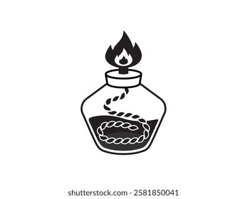 Bunsen burner icon illustration design with liquid and flame, tool for testing samples containing alkali metals, chemical laboratory, black and white style icon vector isolated on white background