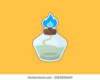 Bunsen burner icon illustration design with liquid and flame, tool for testing samples containing alkali metals, chemical laboratory equipment, vector icon in sticker style on orange background