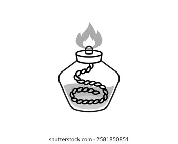 Bunsen burner icon illustration design with liquid and flame, tool for testing samples containing alkali metals, black and white style icon vector with black outline only isolated on white background