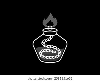 Bunsen burner icon illustration design with liquid and flame, tool for testing samples containing alkali metals, black and white style icon vector with white outline only isolated on black background