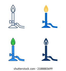 Bunsen burner icon set in flat and line style. Chemical laboratory equipment. Vector illustration.