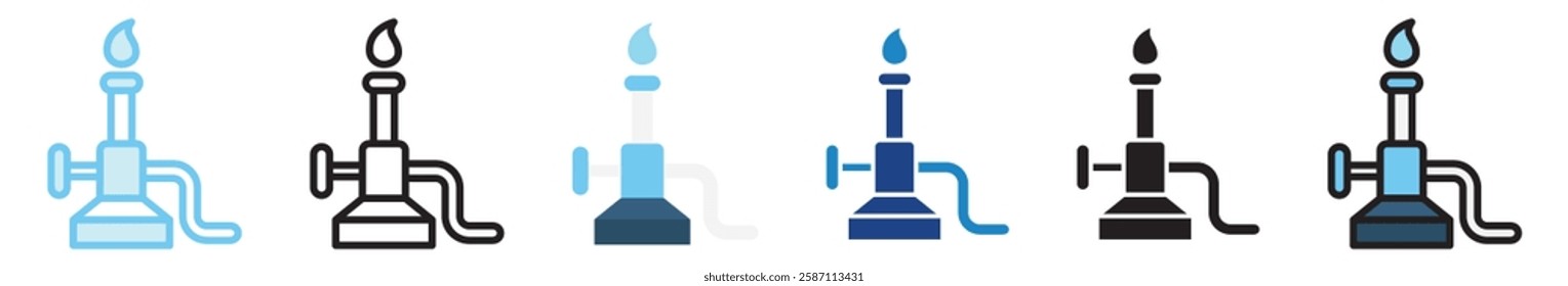 Bunsen Burner multi style, mini illustration icon. outline, flat, glyph, line color, UI, UX, app and web, digital or print. For education, research, chemistry.