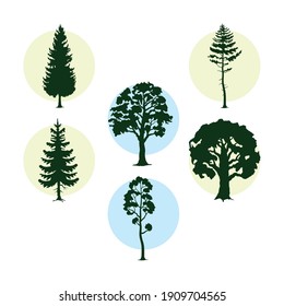 bunsle of six trees plants forest silhouettes icons vector illustration design