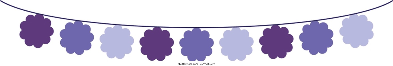 Bunting Banner with Flower Shape Flags - Decorative bunting banner in shades of purple hung on a thin string