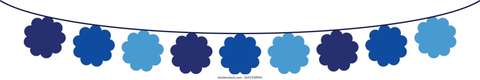 Bunting Banner with Flower Shape Flags - Decorative bunting banner in shades of blue hung on a thin string