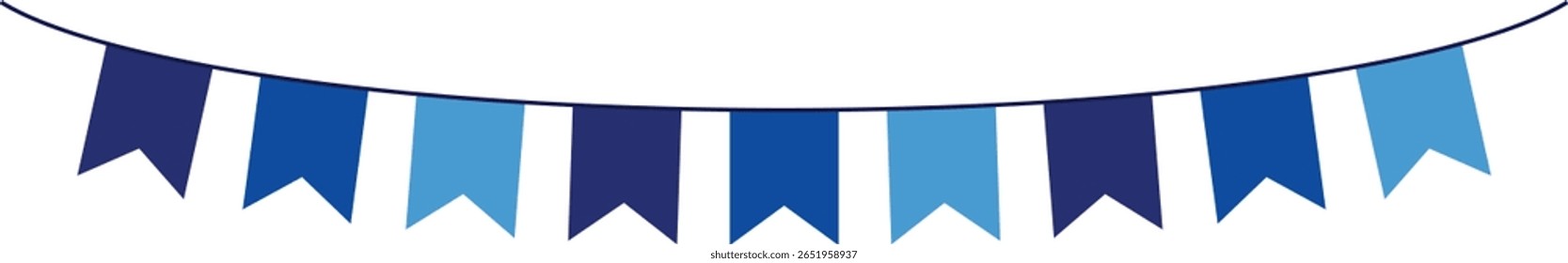 Bunting Banner with Ribbon Tail Flags - Decorative bunting banner in shades of blue hung on a thin string