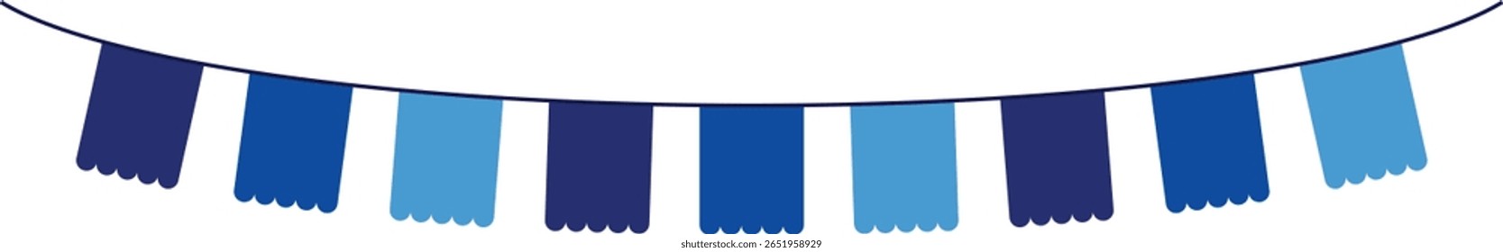Bunting Banner with Scallop Edge Flags - Decorative bunting banner in shades of blue hung on a thin string