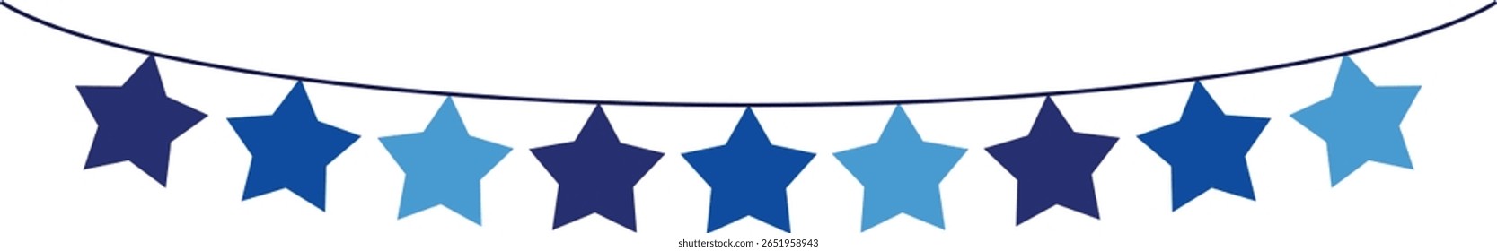 Bunting Banner with Star Shape Flags - Decorative bunting banner in shades of blue hung on a thin string