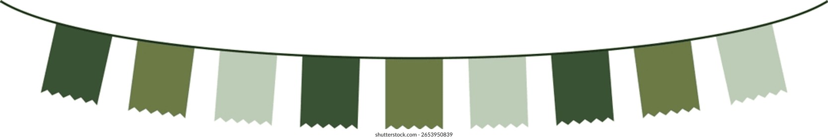 Banner de Bunting com Bandeiras de borda de ziguezague - Banner de bunting decorativo em tons de verde pendurado em uma corda fina