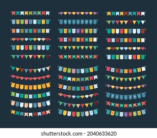 Bunting banners. Carnival flags colored decoration for party kids birthday symbols garish vector illustrations