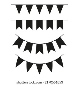 Bunting black silhouette. Party garlands collection. Birthday elements decoration. Vector isolated on white.