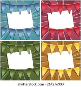 bunting card decorations in blue, red, green and yellow, with transparencies and clipping paths