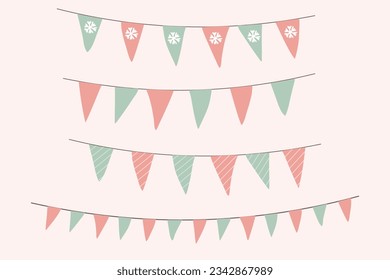 Bunting Christmas garland decoration elements. Triangle garland bunting with snowflake print. Set of Green, pink colour garland bunting isolated elements.