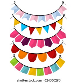 Bunting colorful flag vector set. Design template for paper garlands for decorating parties, birthdays, corporate parties, holidays and etc. Illustration isolated on a white background.