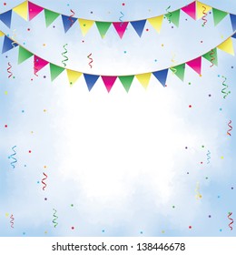 Bunting, confetti, serpentine and sky with clouds