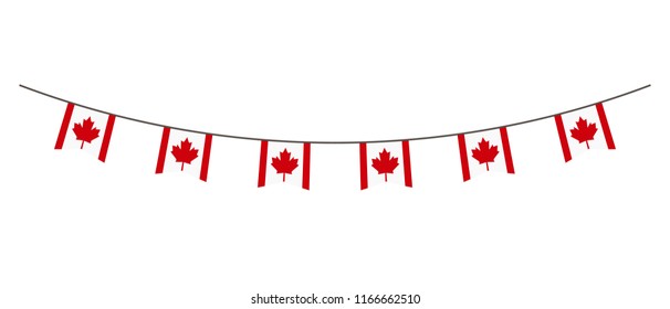 Bunting decoration in colors of Canada flag. Garland, pennants on a rope for party, carnival, festival, celebration. For National Day of  Canada on August 18