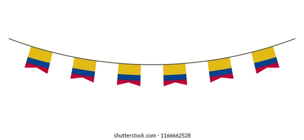 Bunting decoration in colors of Colombia flag. Garland, pennants on a rope for party, carnival, festival, celebration. For National Day of  Colombia on August 18