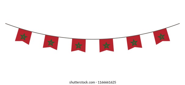 Bunting decoration in colors of Morocco flag. Garland, pennants on a rope for party, carnival, festival, celebration. For National Day of  Morocco on August 18