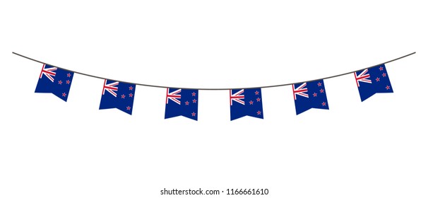 Bunting decoration in colors of New Zealand flag. Garland, pennants on a rope for party, carnival, festival, celebration. For National Day of  New Zealand on August 18