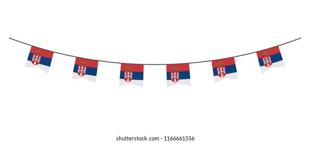 Bunting decoration in colors of Serbia flag. Garland, pennants on a rope for party, carnival, festival, celebration. For National Day of  Serbia on August 18