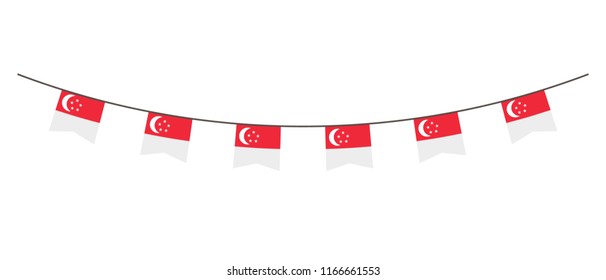 Bunting Decoration In Colors Of Singapore Flag. Garland, Pennants On A Rope For Party, Carnival, Festival, Celebration. For National Day Of  Singapore On August 18