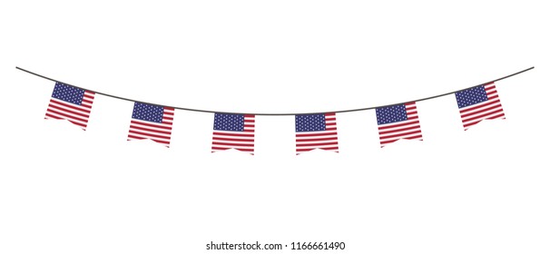 Bunting decoration in colors of USA flag. Garland, pennants on a rope for party, carnival, festival, celebration. For National Day of  USA on August 18