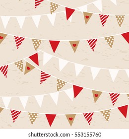 Bunting with dots, lines and hearts on the light kraft paper background in hipster style. Pattern for Valentine's Day. Gift wrapping paper design.