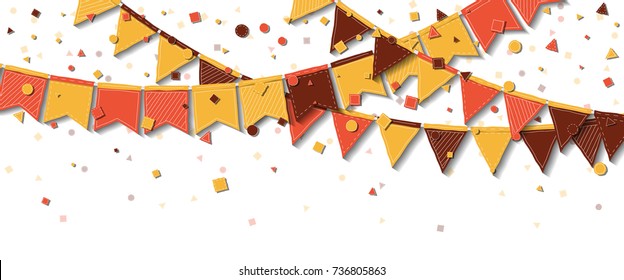 Bunting fair flags. Actual celebration card. Autumn holiday decorations and confetti. Bunting fair flags vector illustration.