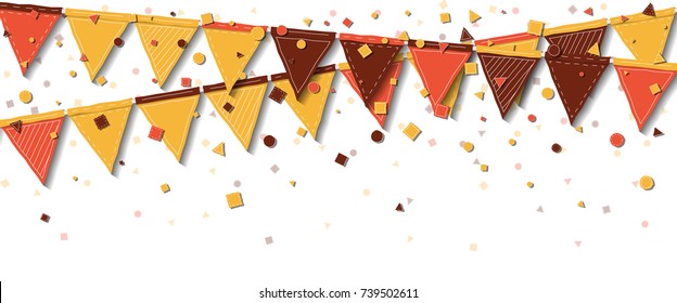 Bunting fair flags. Beauteous celebration card. Autumn holiday decorations and confetti. Bunting fair flags vector illustration.
