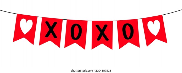 Bunting flag garland. XOXO. Black word. Heart set. Happy Valentines Day. Hug and kiss. Party decoration element. Hanging text on rope thread. Greeting card. Flat design. White background. Vector