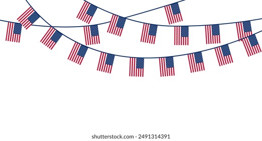 Bandera con los colores de la bandera de Estados Unidos. Cuatro de Julio, Día de la Memoria y concepto del Día del Trabajo. Banderas americanas colgando guirnalda