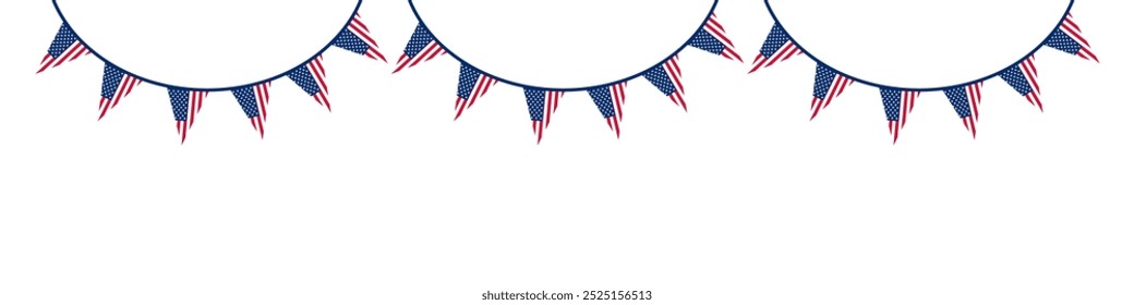 Bandera de Bunting con colores de la bandera de EE.UU. Cuatro de julio, Día de la Memoria y concepto del Día del Trabajo. Guirnalda colgante de banderas americanas