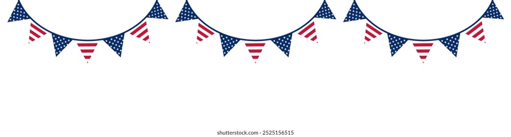 Bandera de Bunting con colores de la bandera de EE.UU. Cuatro de julio, Día de la Memoria y concepto del Día del Trabajo. Guirnalda colgante de banderas americanas