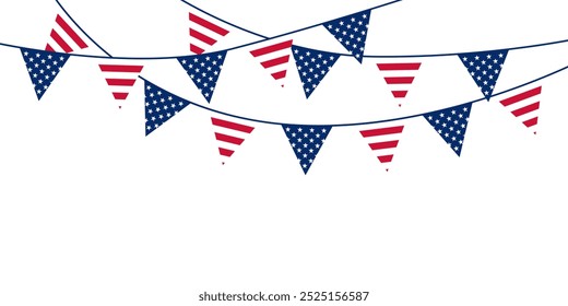 Bandera de Bunting con colores de la bandera de EE.UU. Cuatro de julio, Día de la Memoria y concepto del Día del Trabajo. Guirnalda colgante de banderas americanas