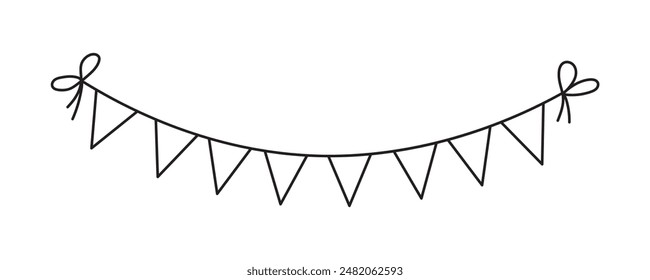 Bandera de Bunting. Vector ilustración lineal de guirnalda triangular. Dibujo de banderines para tarjetas de felicitación de fiesta de ducha de bebé o tarjetas de invitación de fiesta. Lindo colgante en estilo contorno pintado por tintas negras.