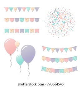 Bunting flags and balloons. Cute celebration card. Birthday party holiday decorations and confetti. Bunting flags and balloons vector illustration.