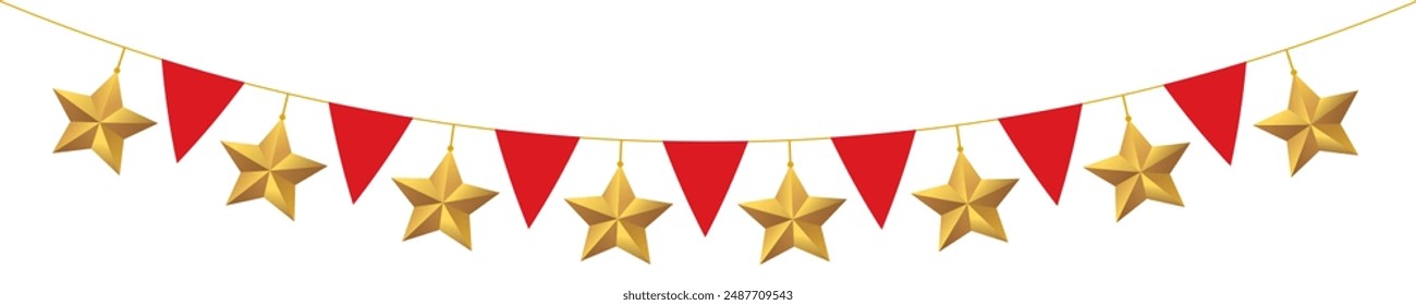 Bunting flags banner with gold stars best for Christmas, carnival garland and birthday party decoration. 