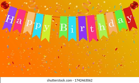 Bunting flags banner with Happy Birthday letter. Colorful Party Flags, Confetti, stars and ribbons.Background - Editable Vector. Stock vector illustration on isolated background. 