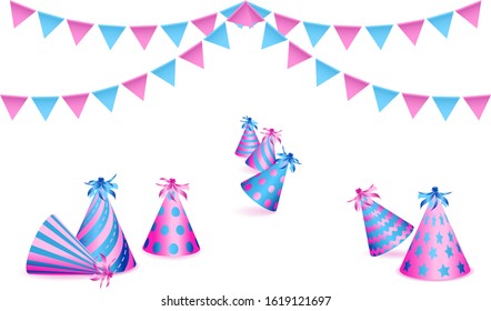Bunting flags and birthday party hats on white background. Vector illustration EPS10