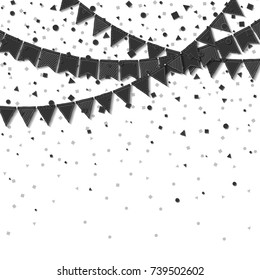 Bunting flags. Bold celebration card. Balck on white holiday decorations and confetti. Bunting flags vector illustration.