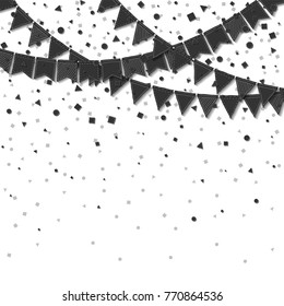Bunting flags. Captivating celebration card. Balck on white holiday decorations and confetti. Bunting flags vector illustration.