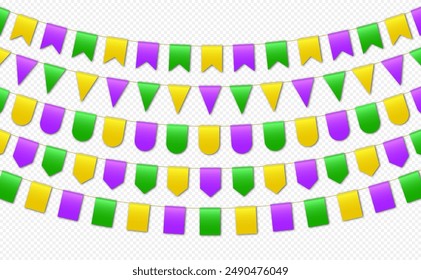 Bunting flags, carnival party flags, Mardi Gras festive pennants hanging on a rope. Festival vector decoration.