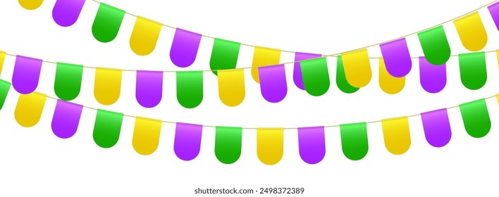 Bunting flags, carnival party flags, Mardi Gras festive pennants hanging on a rope. Festival vector decoration.