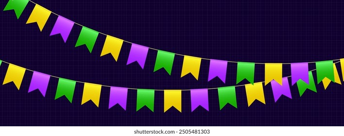 Banderas de Bunting, banderas de fiesta de carnaval, banderines festivos de Mardi Gras colgando de una cuerda. Decoración del Vector del festival.