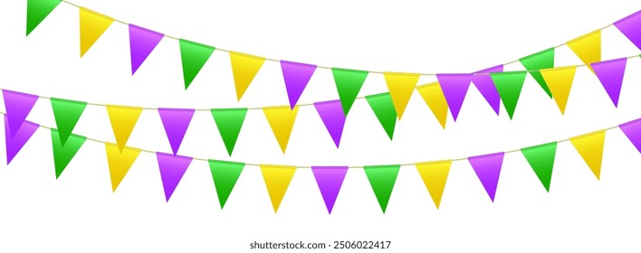 Banderas de Bunting, banderas de fiesta de carnaval, banderines festivos de Mardi Gras colgando de una cuerda. Decoración del Vector del festival.